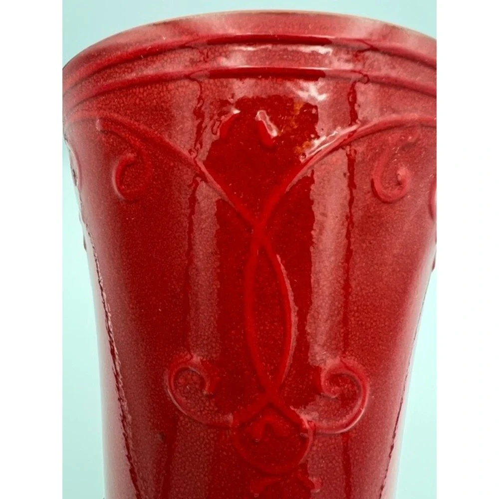 Red Glazed Terracotta Vase Embossed Scroll Fleur De Lis Portugal 12 Inch